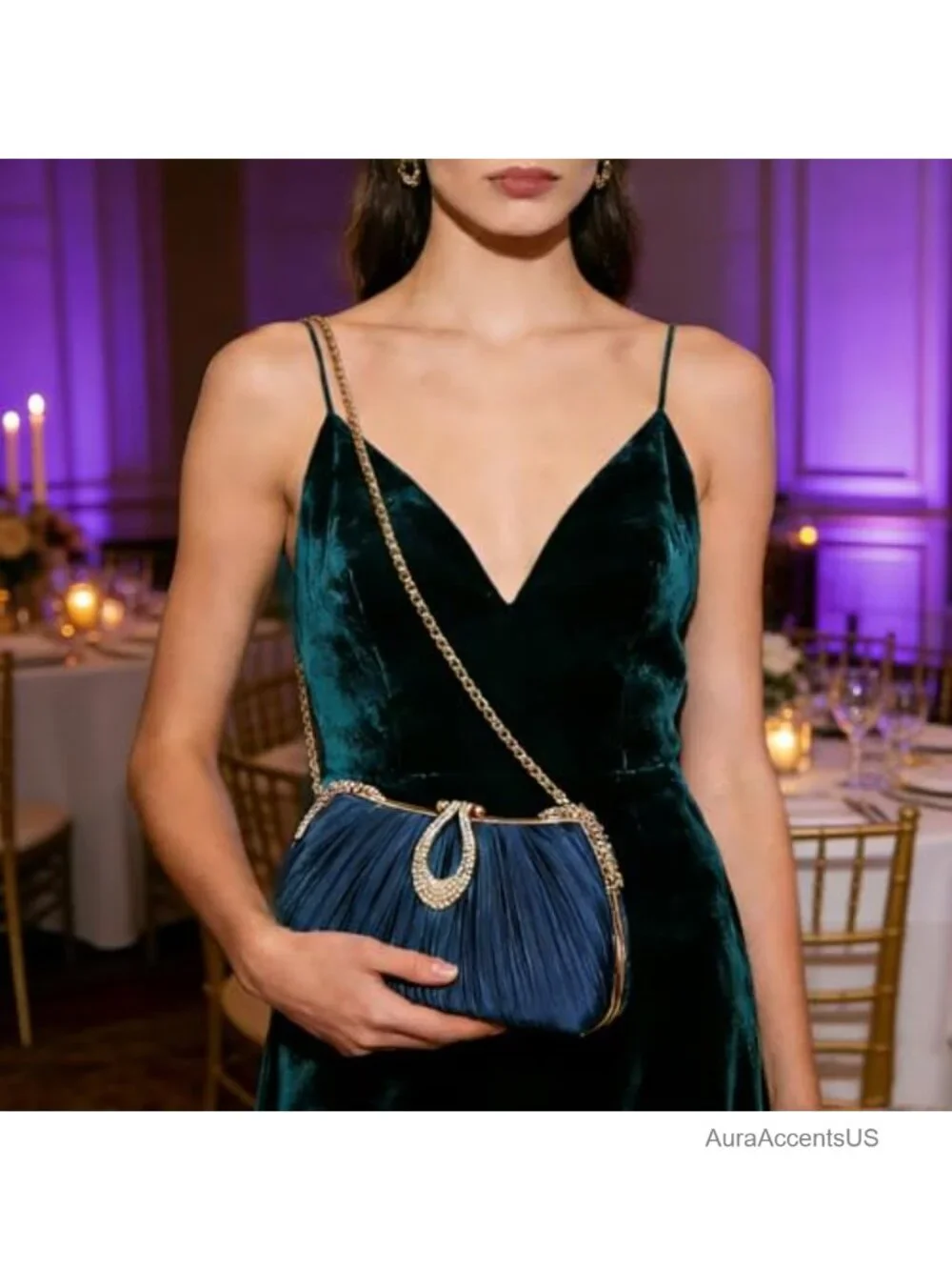 Pleated Satin Clutch Evening Bag with Rhinestone Clasp Detachable Chain Formal